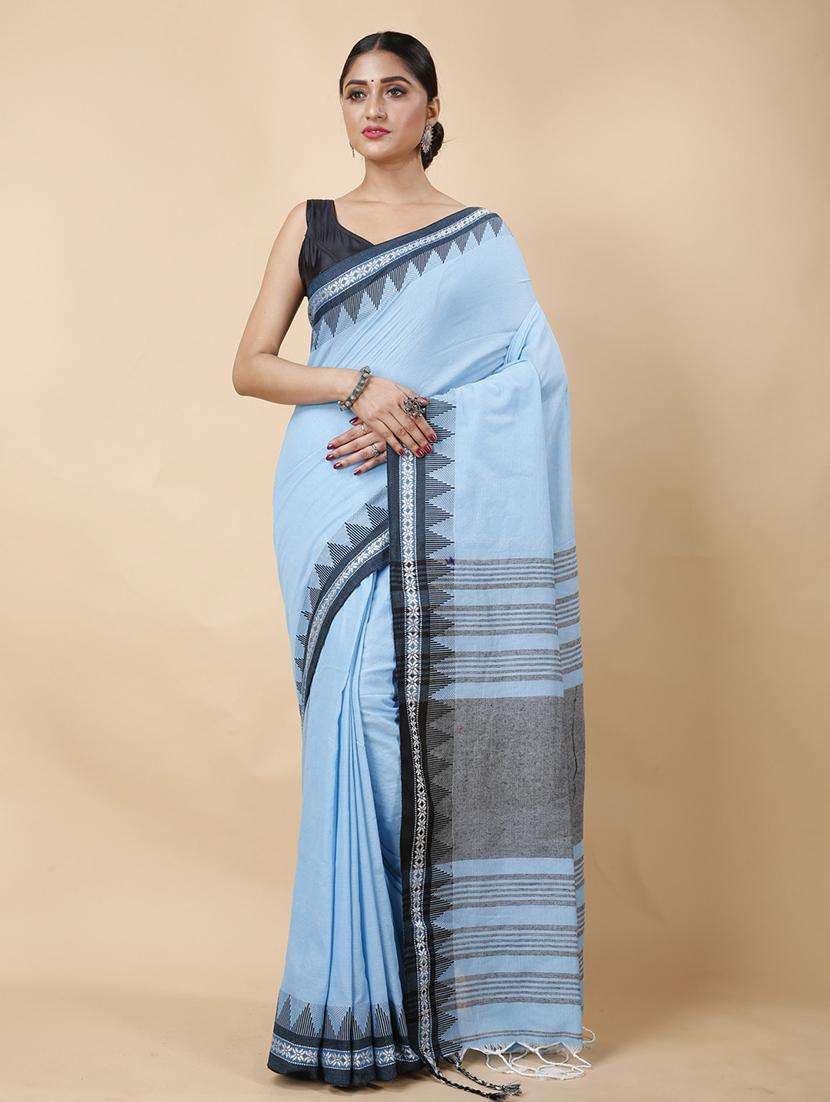 women solid with bordered handloom saree
