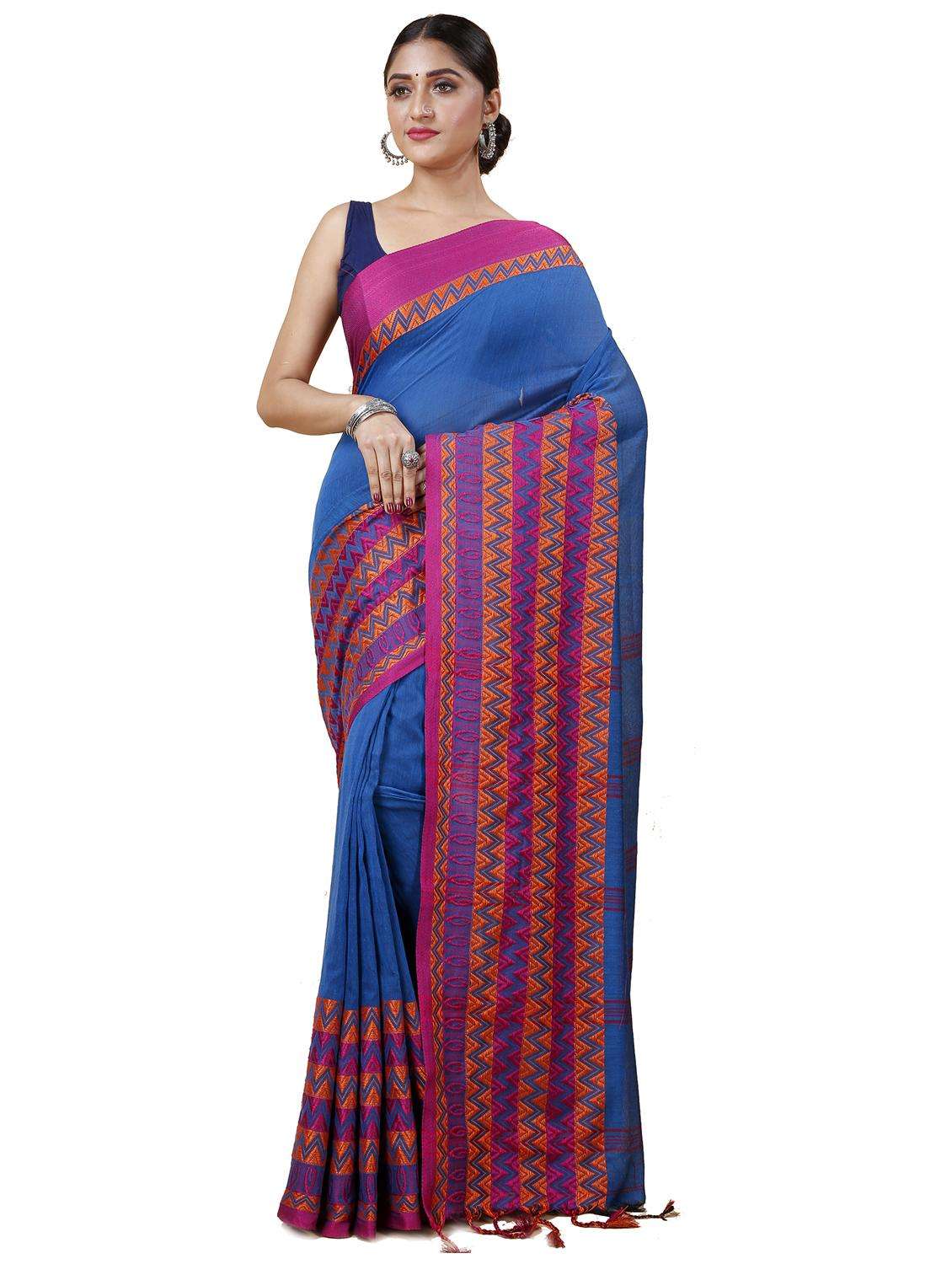 women solid with bordered handloom saree - 22261488 -  Standard Image - 3
