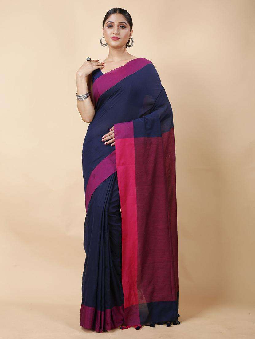women solid with bordered handloom saree