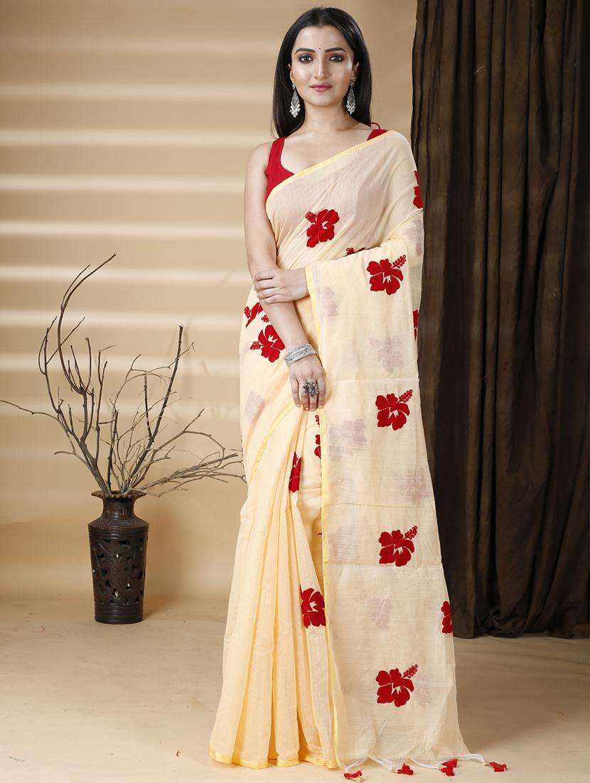 women solid with work embroidered saree with blouse