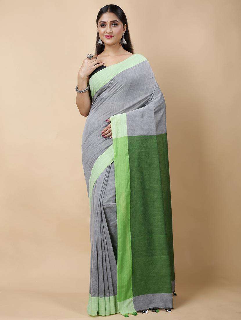 women solid with bordered handloom saree with blouse