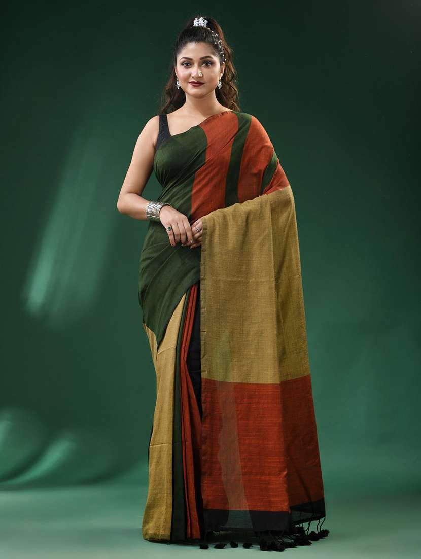 women color block handloom saree