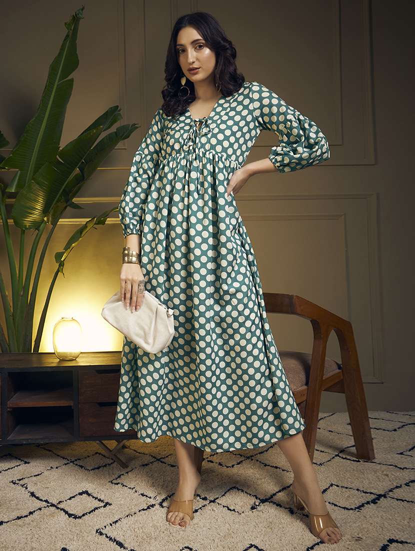 women polka dot printed puff sleeve maxi dress
