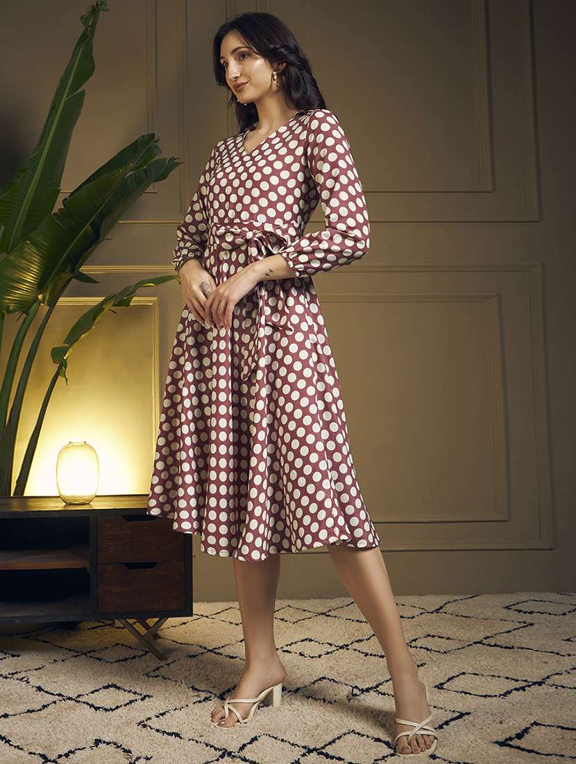 women polka dot printed puff sleeve fit & flare dress - 22263399 -  Standard Image - 3