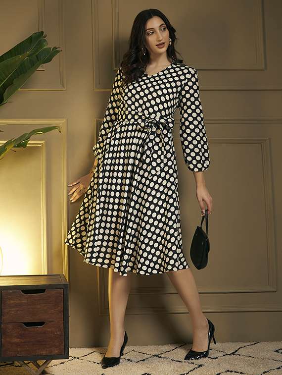 women polka dot printed puff sleeve fit & flare dress