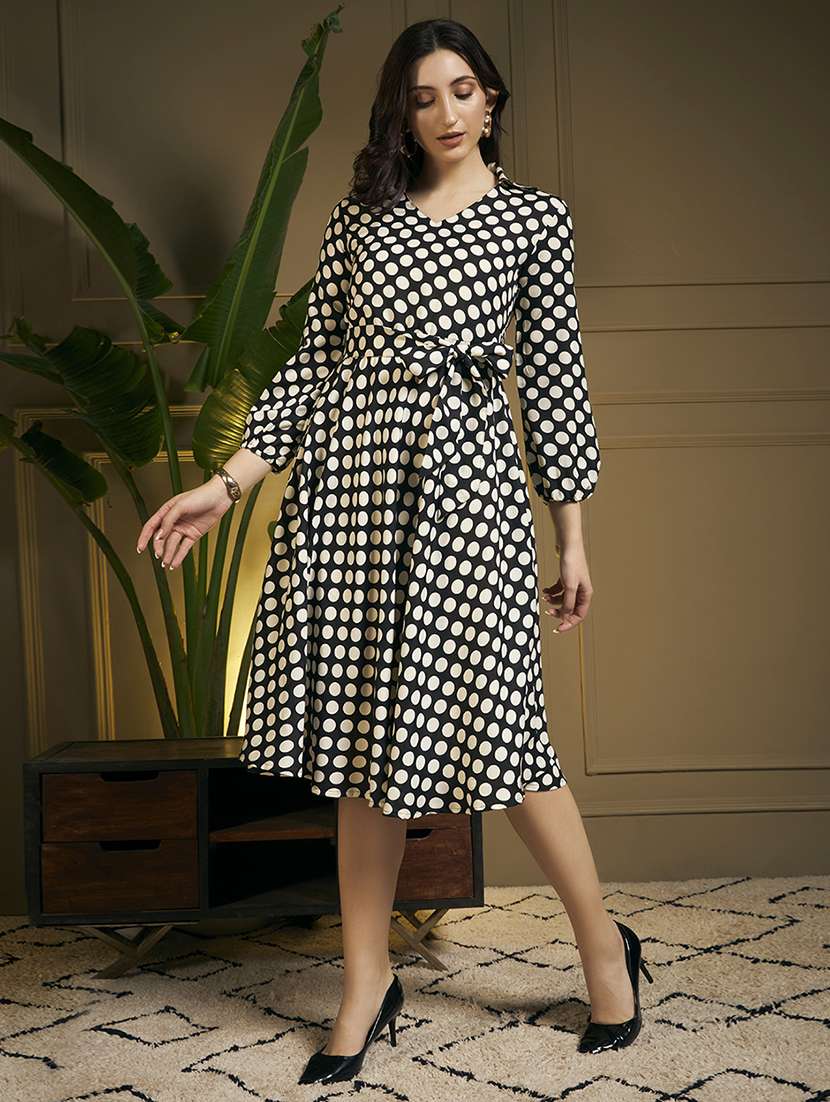 women polka dot printed puff sleeve fit & flare dress - 22263400 -  Standard Image - 3