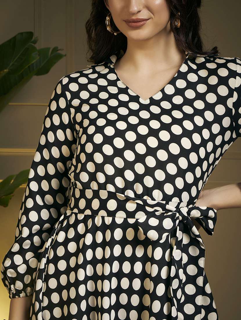 women polka dot printed puff sleeve fit & flare dress - 22263400 -  Standard Image - 5