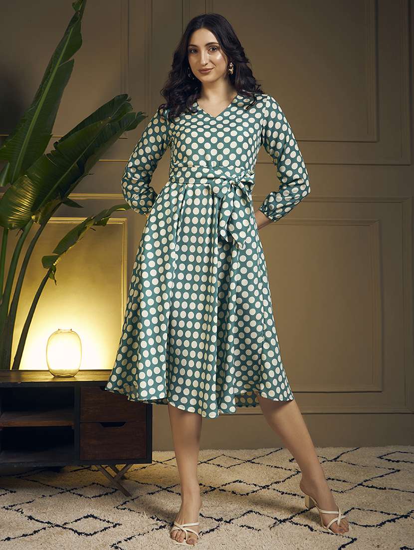 women polka dot three quarter sleeve fit & flare dress