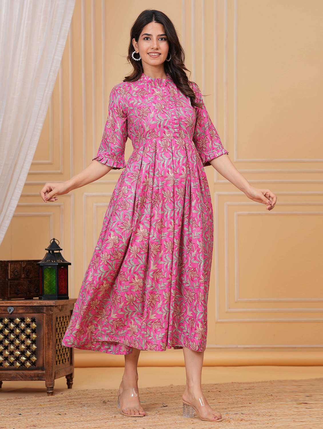 women floral three quarter sleeve fit & flare ethnic dress - 22263402 -  Standard Image - 3