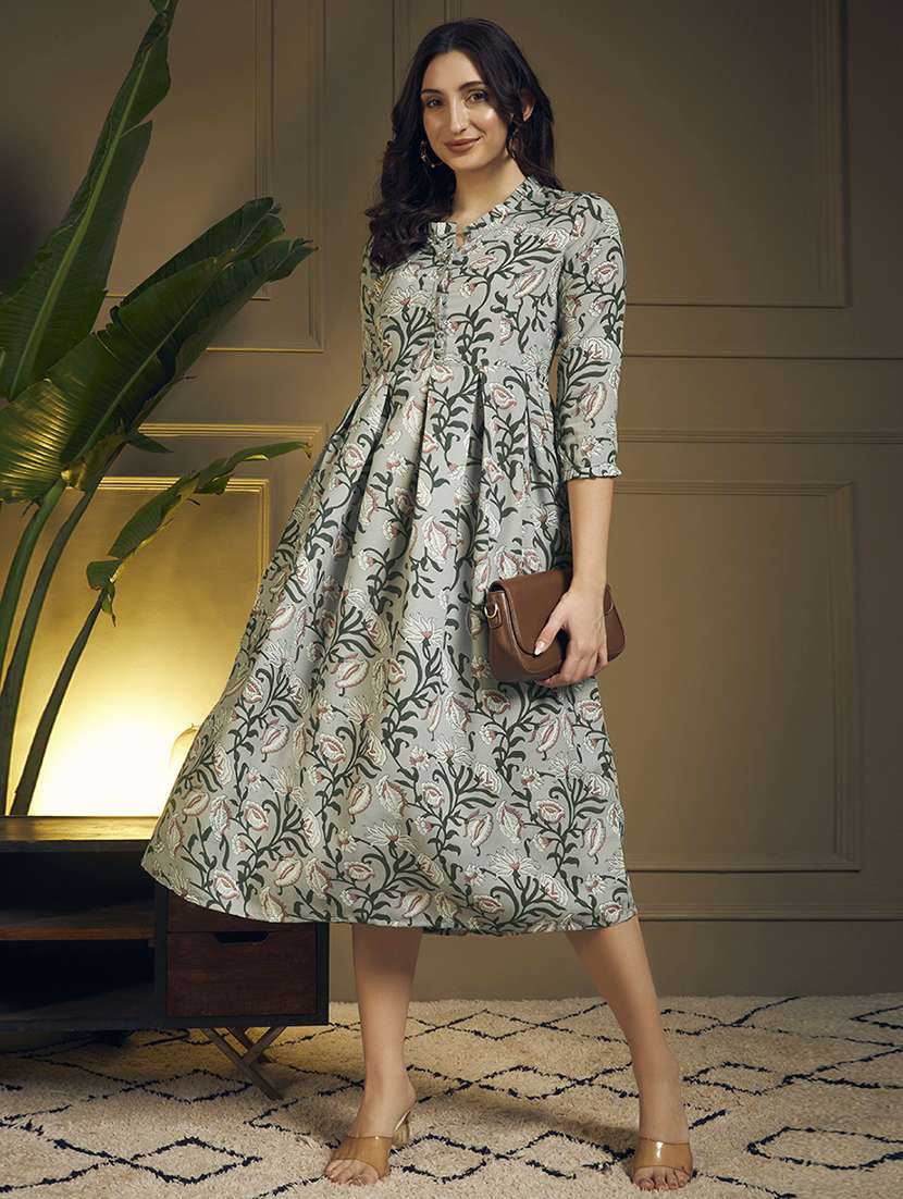 women floral three quarter sleeve fit & flare ethnic dress
