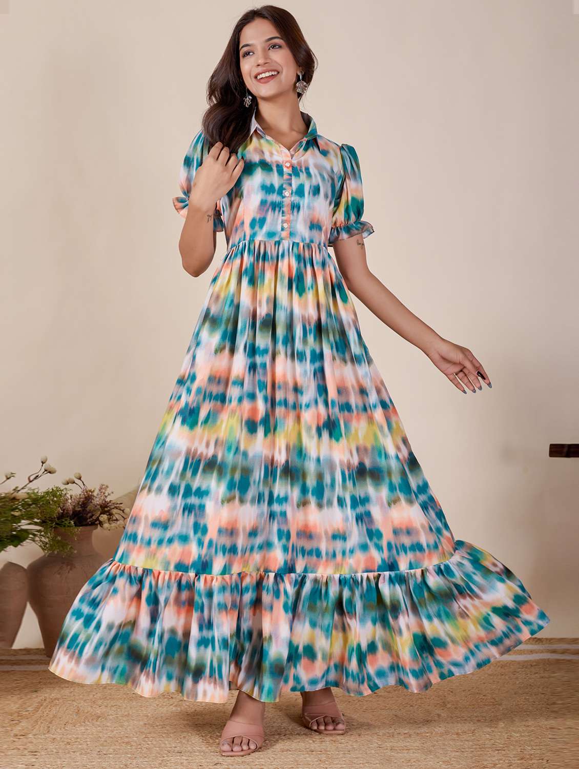 women printed puff sleeve tiered dress - 22263408 -  Standard Image - 3