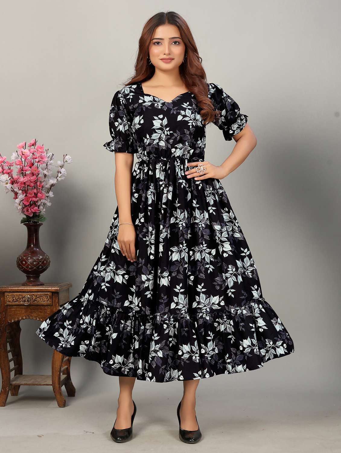 women printed puff sleeve tiered dress - 22263409 -  Standard Image - 3