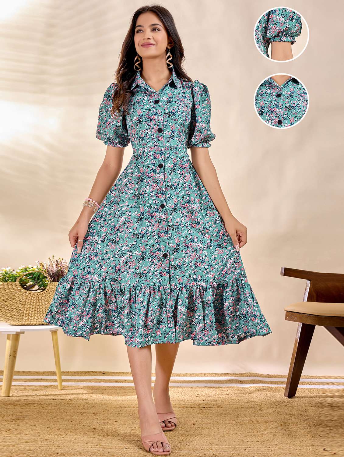 women printed puff sleeve tiered dress