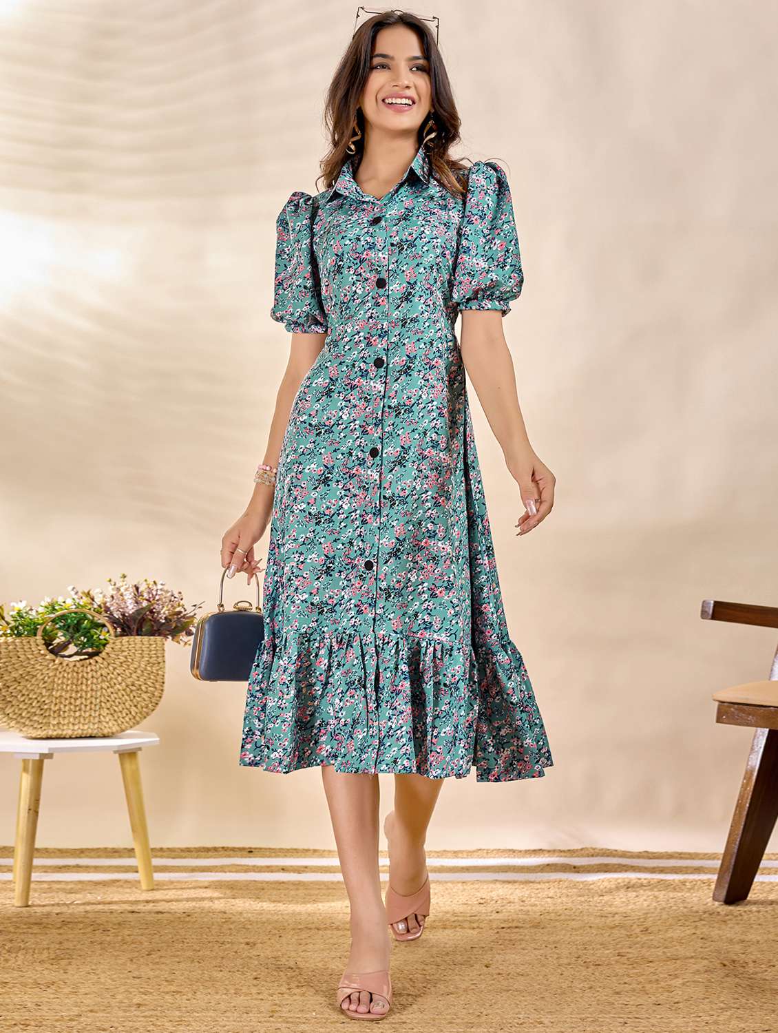 women printed puff sleeve tiered dress - 22263410 -  Standard Image - 3