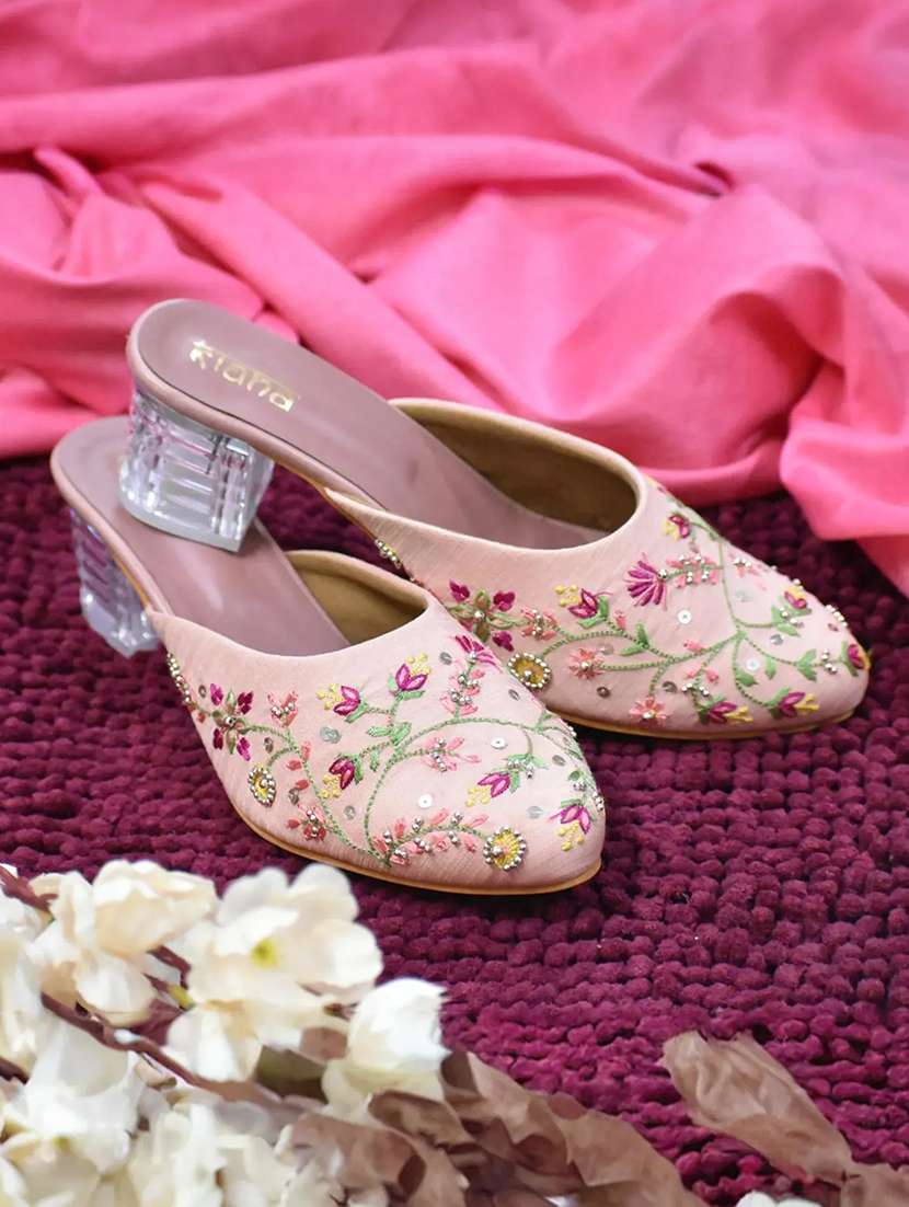 women embroidered block heel mules
