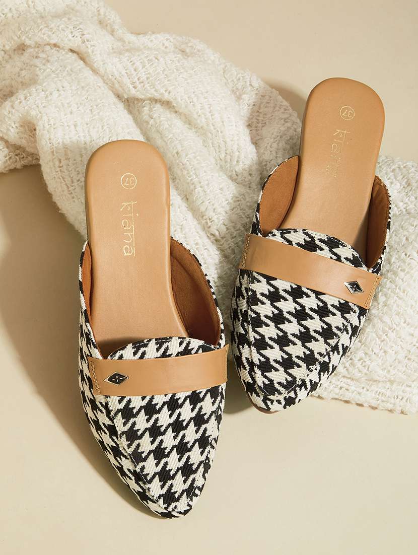 women houndstooth print flat mules