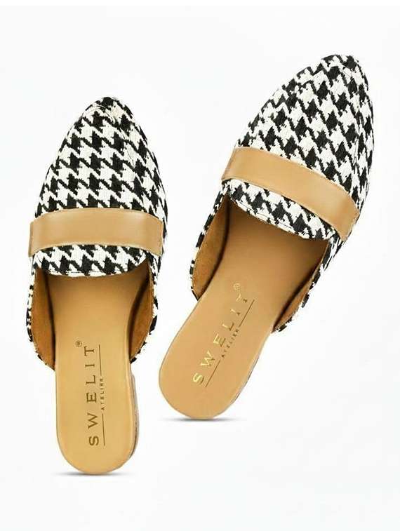 women houndstooth print flat mules