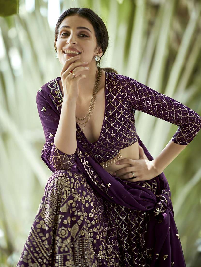 women solid with work semi stitched flared lehenga - 22263471 -  Standard Image - 3