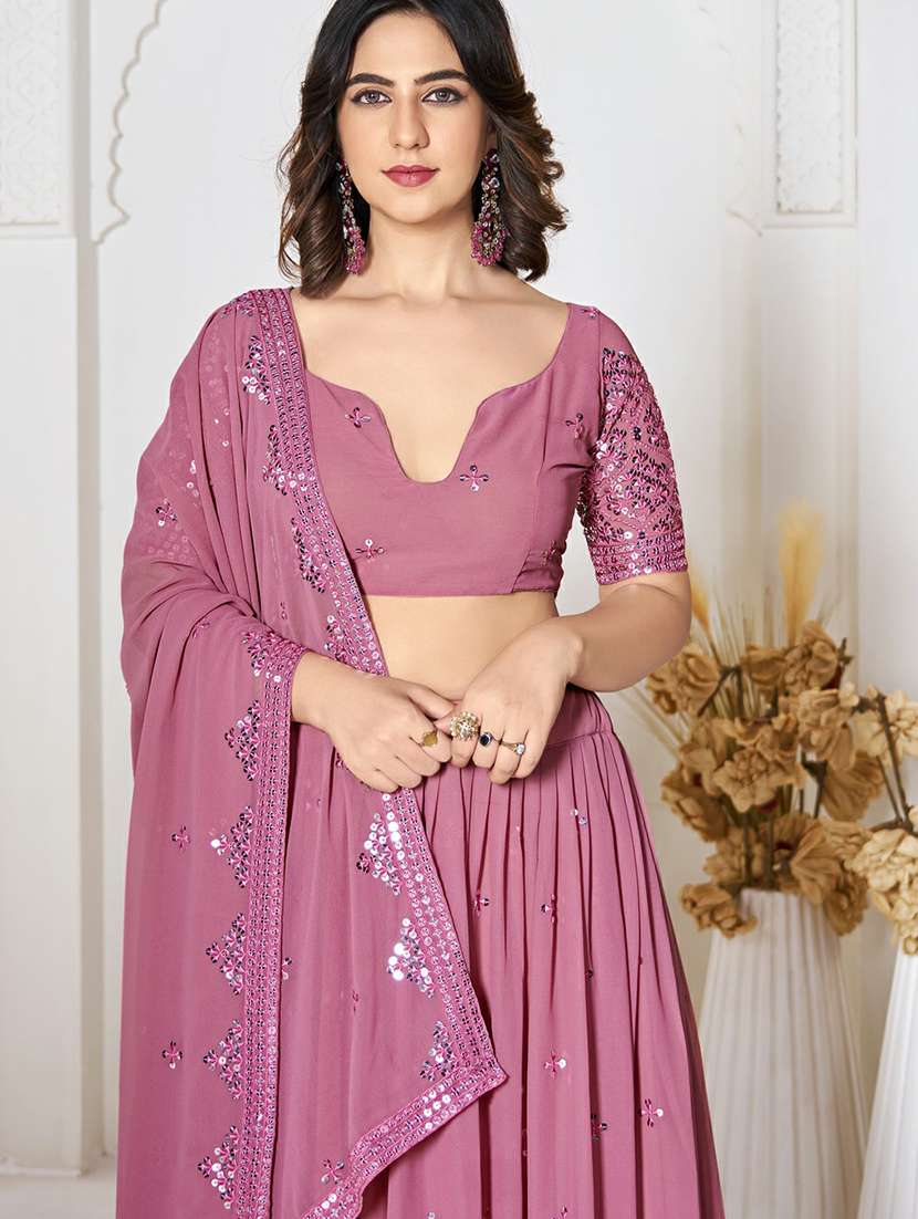 women solid with work semi stitched flared lehenga - 22263474 -  Standard Image - 3