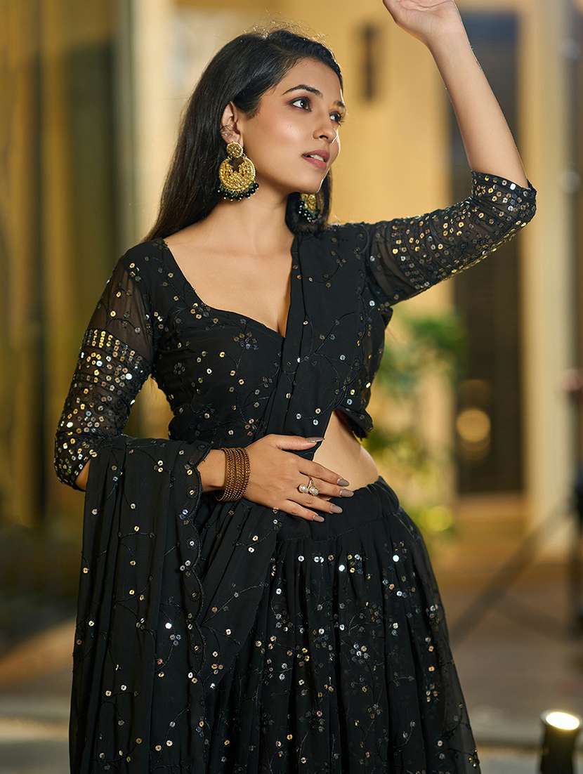 women solid with work semi stitched flared lehenga - 22263477 -  Standard Image - 3