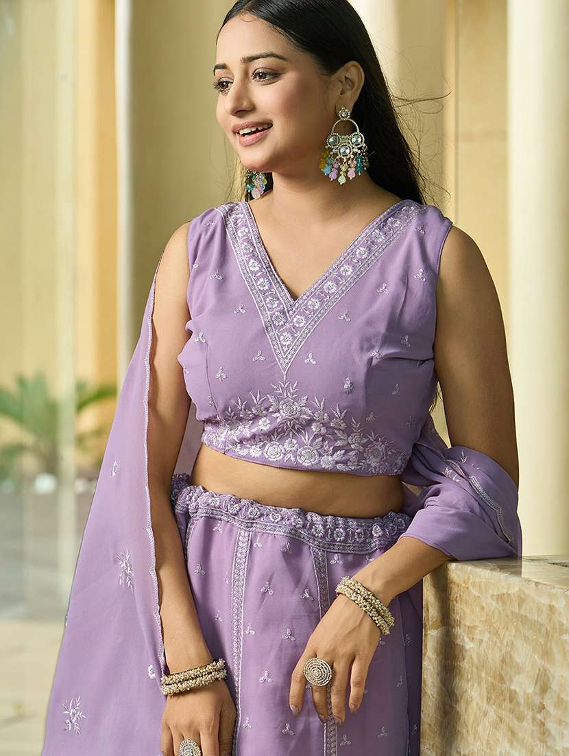 women solid with work semi stitched flared lehenga - 22263481 -  Standard Image - 3