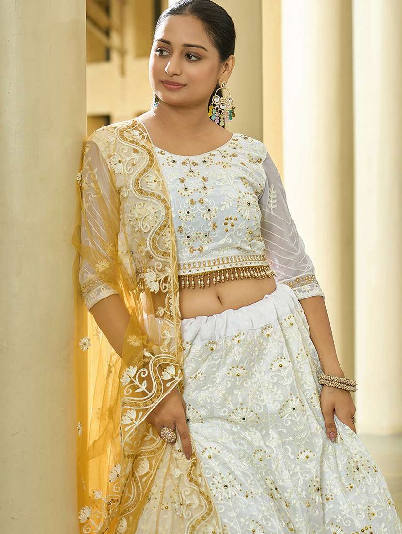 women solid with work semi stitched flared lehenga - 22263489 -  Standard Image - 3