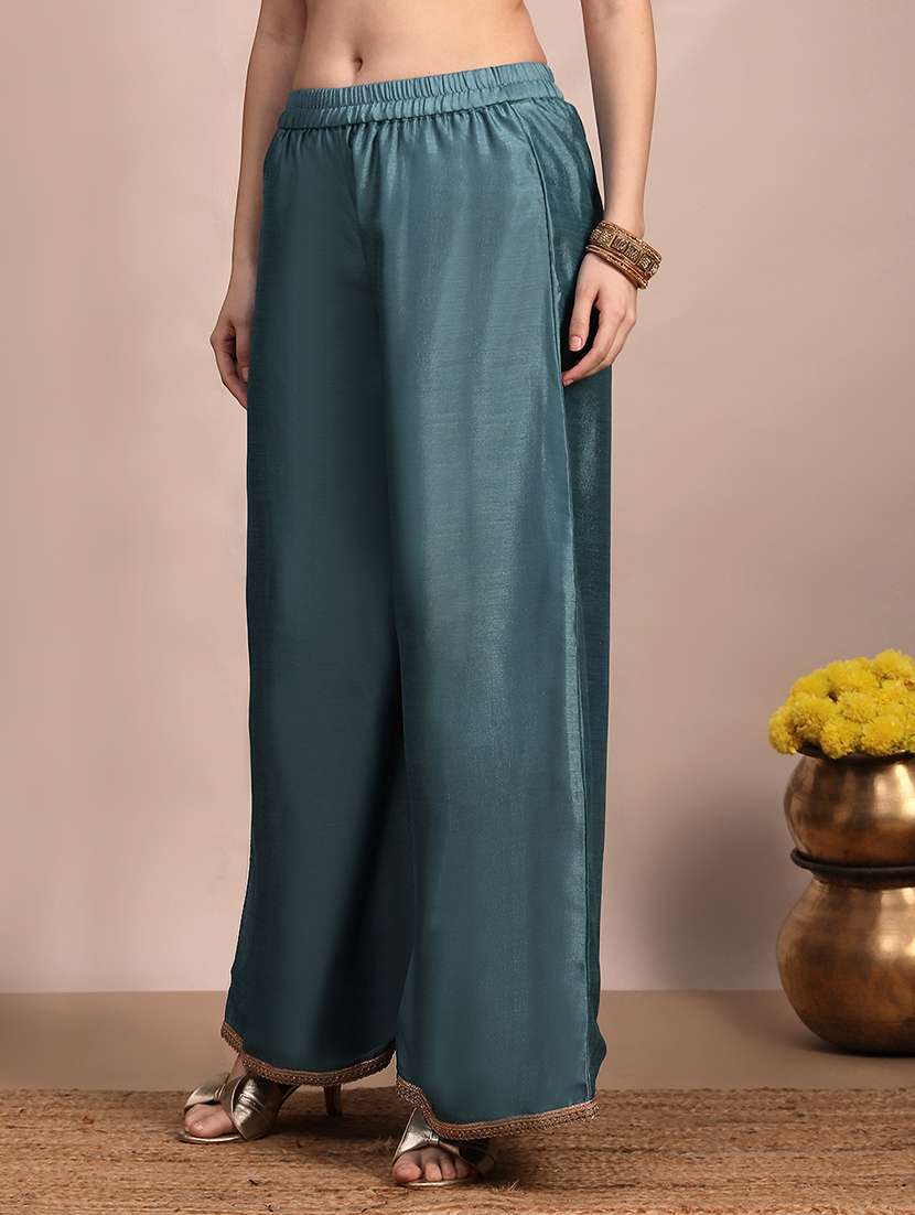 globus women blue long sleeves round neck sequinned & zari embroidery work kurta with wide leg palazzos & dupatta festive set - 22263491 -  Standard Image - 3