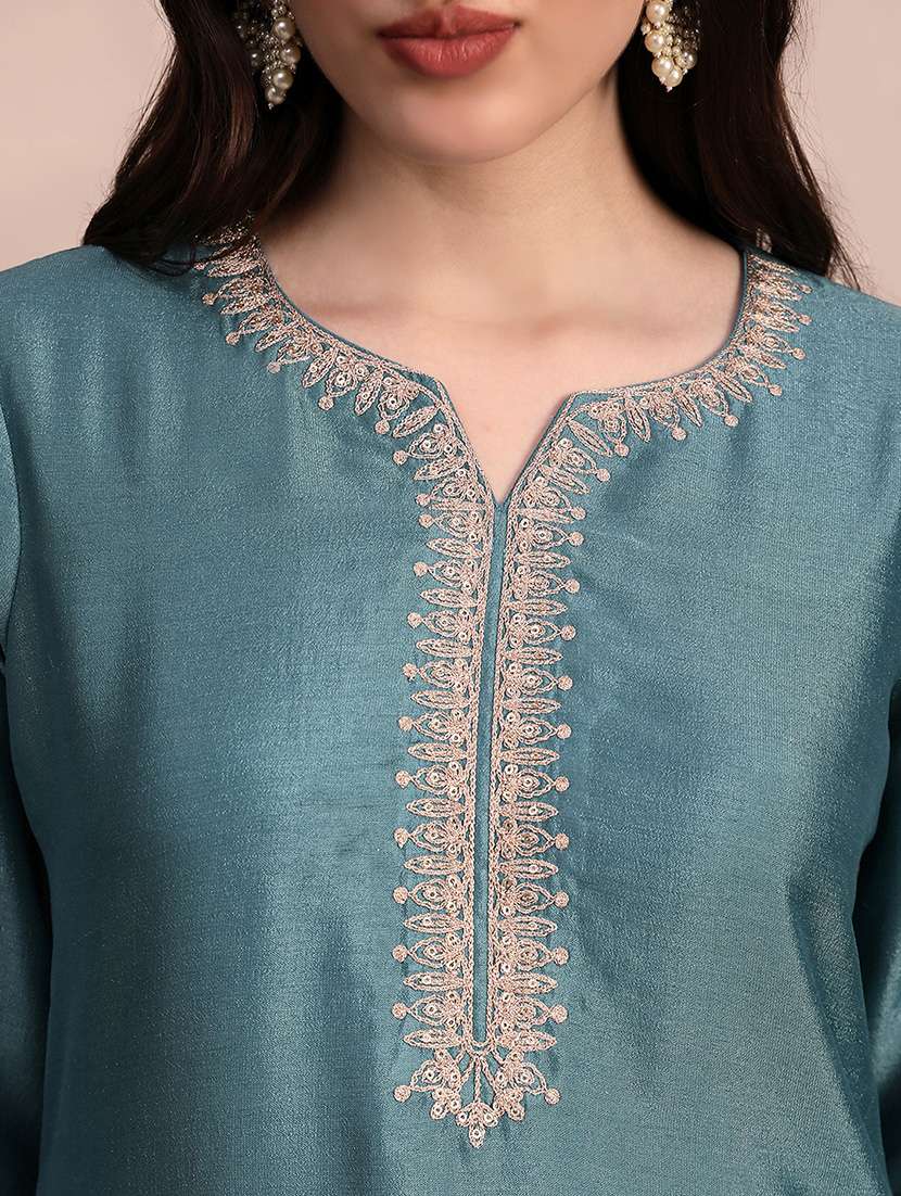 globus women blue long sleeves round neck sequinned & zari embroidery work kurta with wide leg palazzos & dupatta festive set - 22263491 -  Standard Image - 5