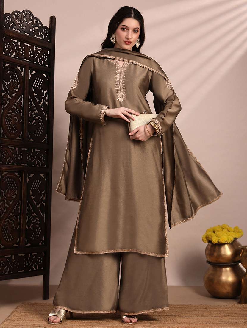 globus women taupe long sleeves round neck sequinned & zari embroidery work kurta with wide leg palazzos & dupatta festive set