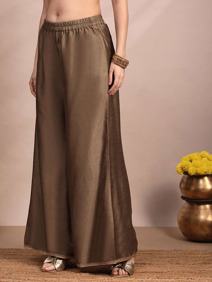 globus women taupe long sleeves round neck sequinned & zari embroidery work kurta with wide leg palazzos & dupatta festive set - 22263492 -  Standard Image - 3