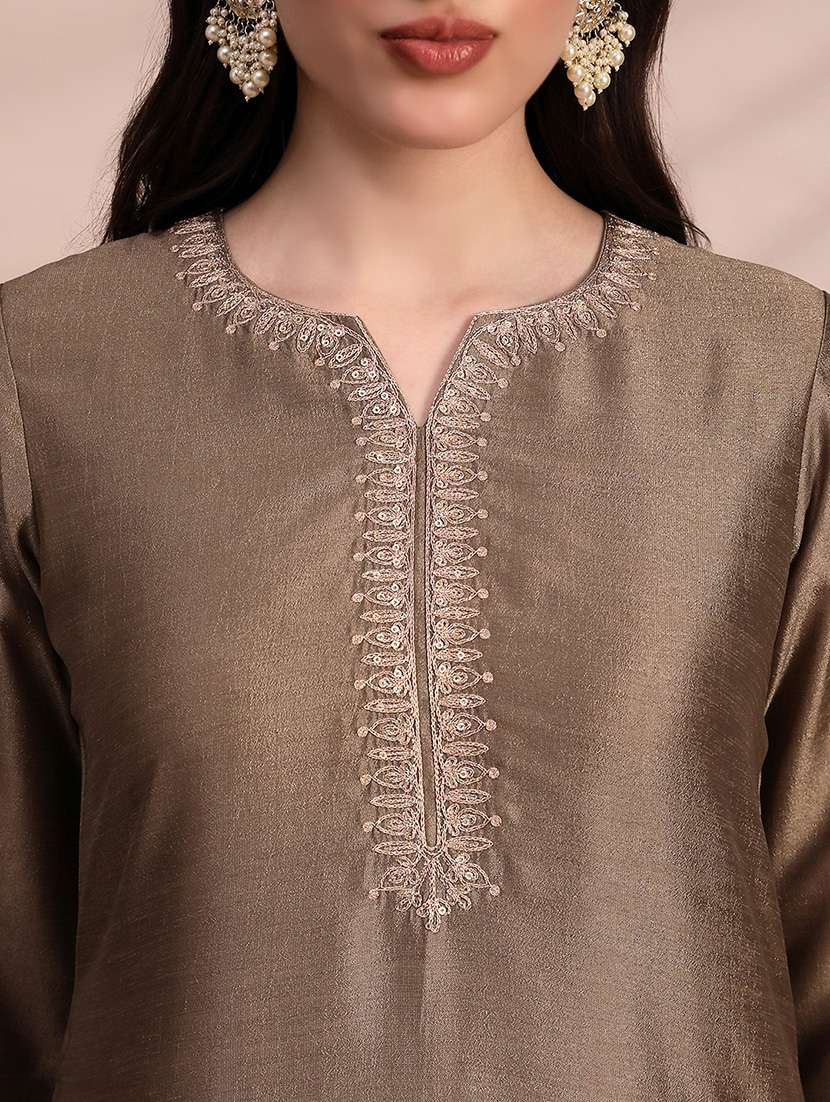 globus women taupe long sleeves round neck sequinned & zari embroidery work kurta with wide leg palazzos & dupatta festive set - 22263492 -  Standard Image - 5