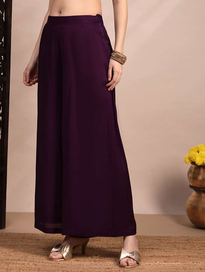 globus women purple v-neck bell sleeves sequin embellished detail kurta with crop top & wide leg trouser festive set - 22263497 -  Standard Image - 3