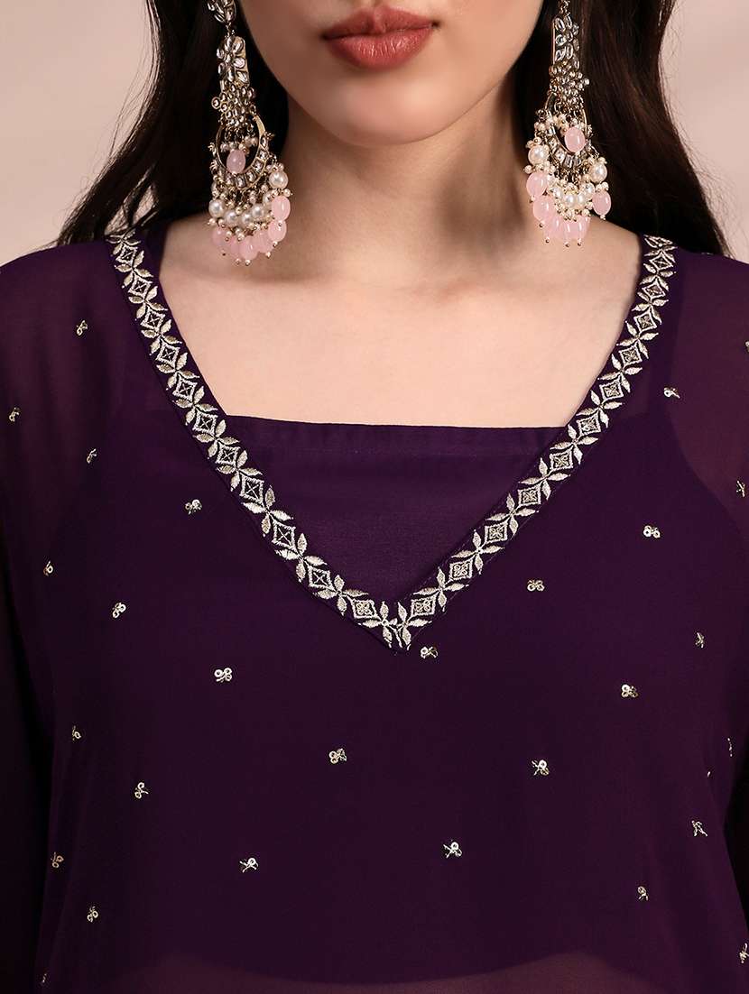 globus women purple v-neck bell sleeves sequin embellished detail kurta with crop top & wide leg trouser festive set - 22263497 -  Standard Image - 5