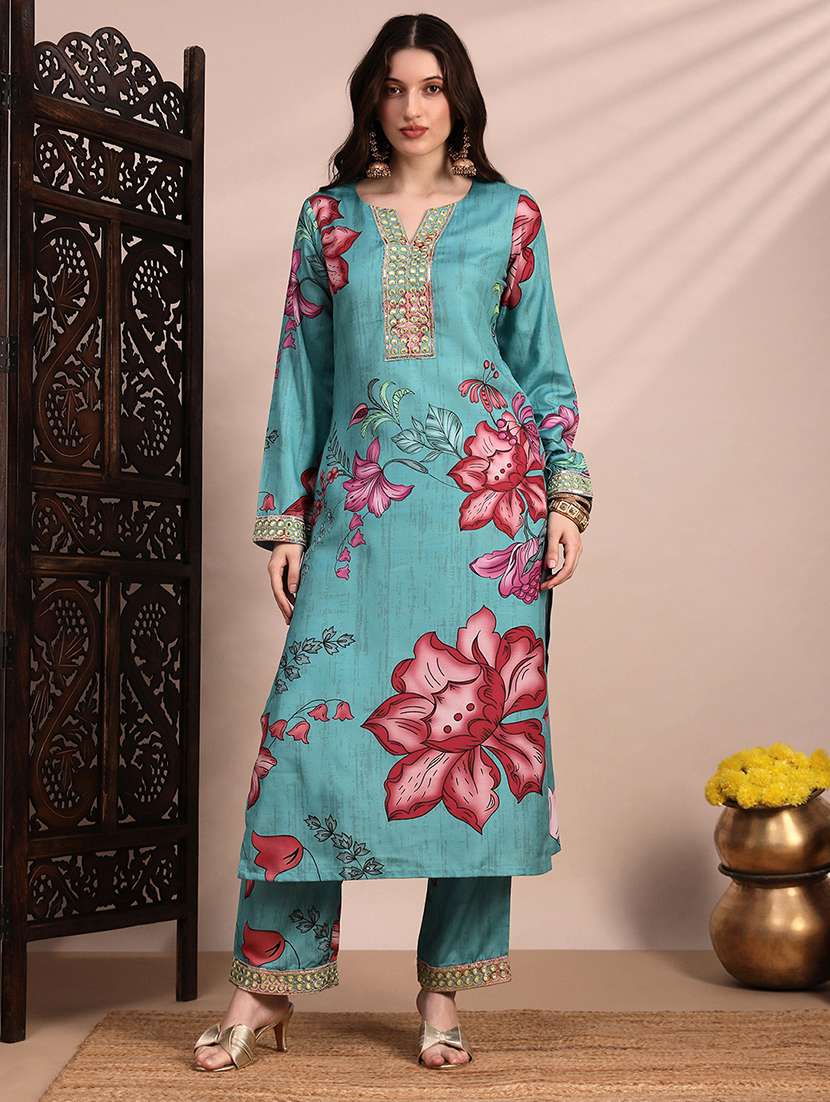 globus women teal floral printed round neck mirror work sequin embroidered straight kurta & pant festive set