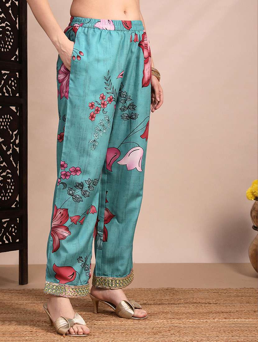 globus women teal floral printed round neck mirror work sequin embroidered straight kurta & pant festive set - 22263499 -  Standard Image - 3