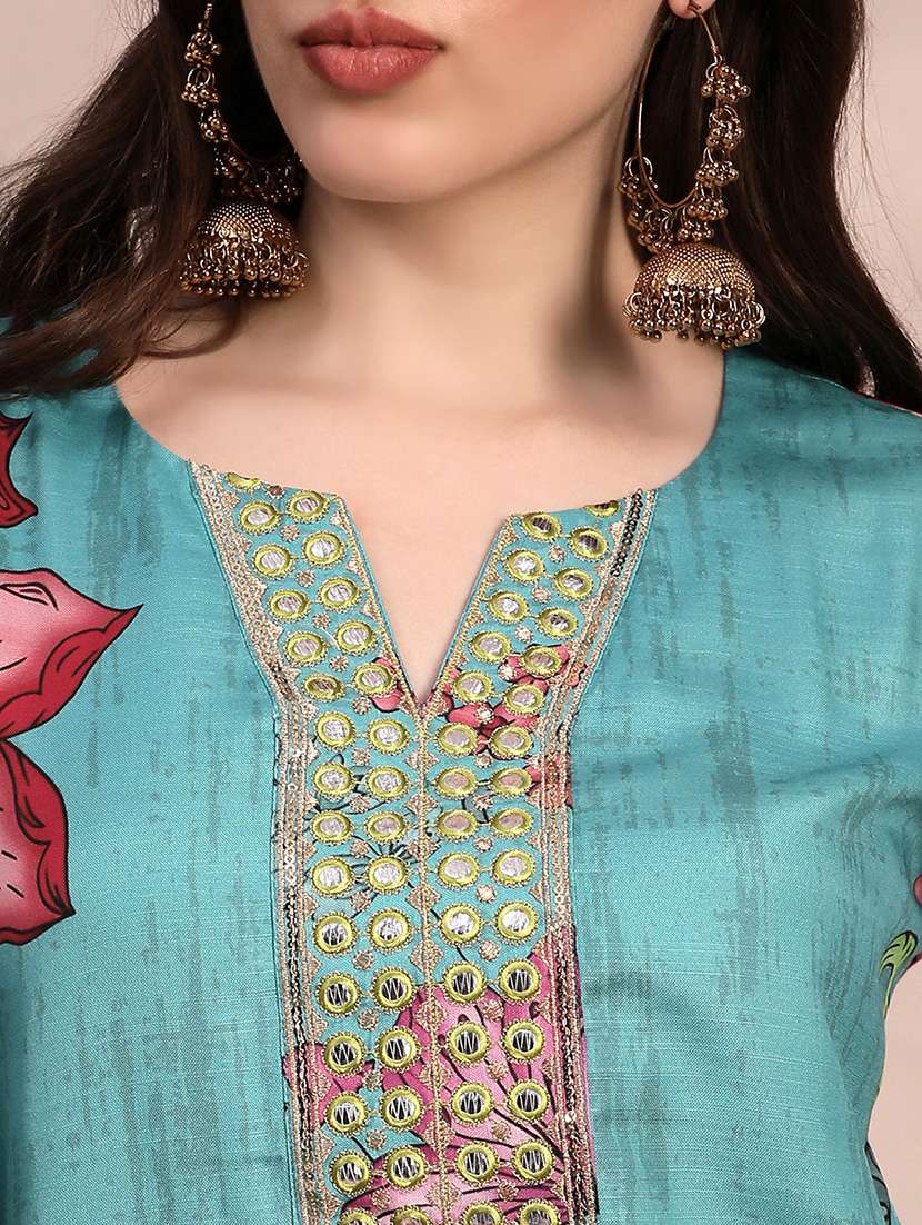 globus women teal floral printed round neck mirror work sequin embroidered straight kurta & pant festive set - 22263499 -  Standard Image - 5