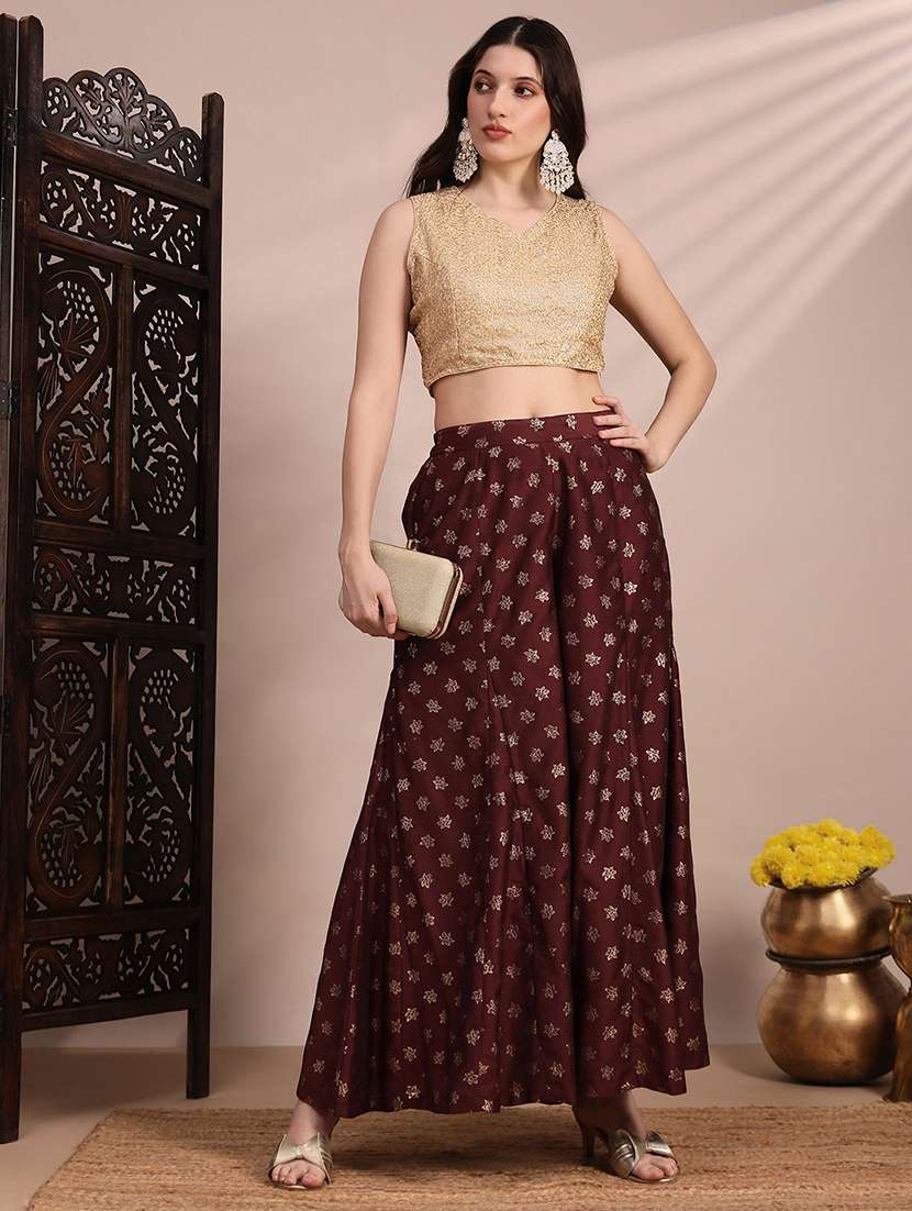 women foil print high rise flared palazzo - 22263508 -  Standard Image - 3