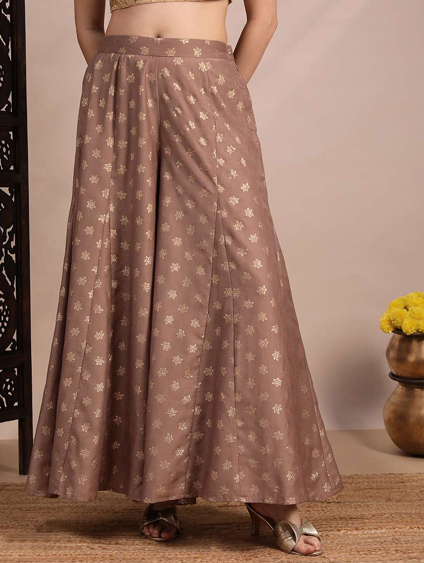 women foil print high rise flared palazzo