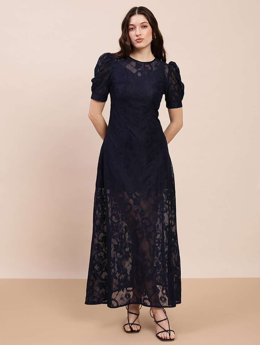 globus women navy blue round neck puff sleeves floral lace detail a-line maxi party dress