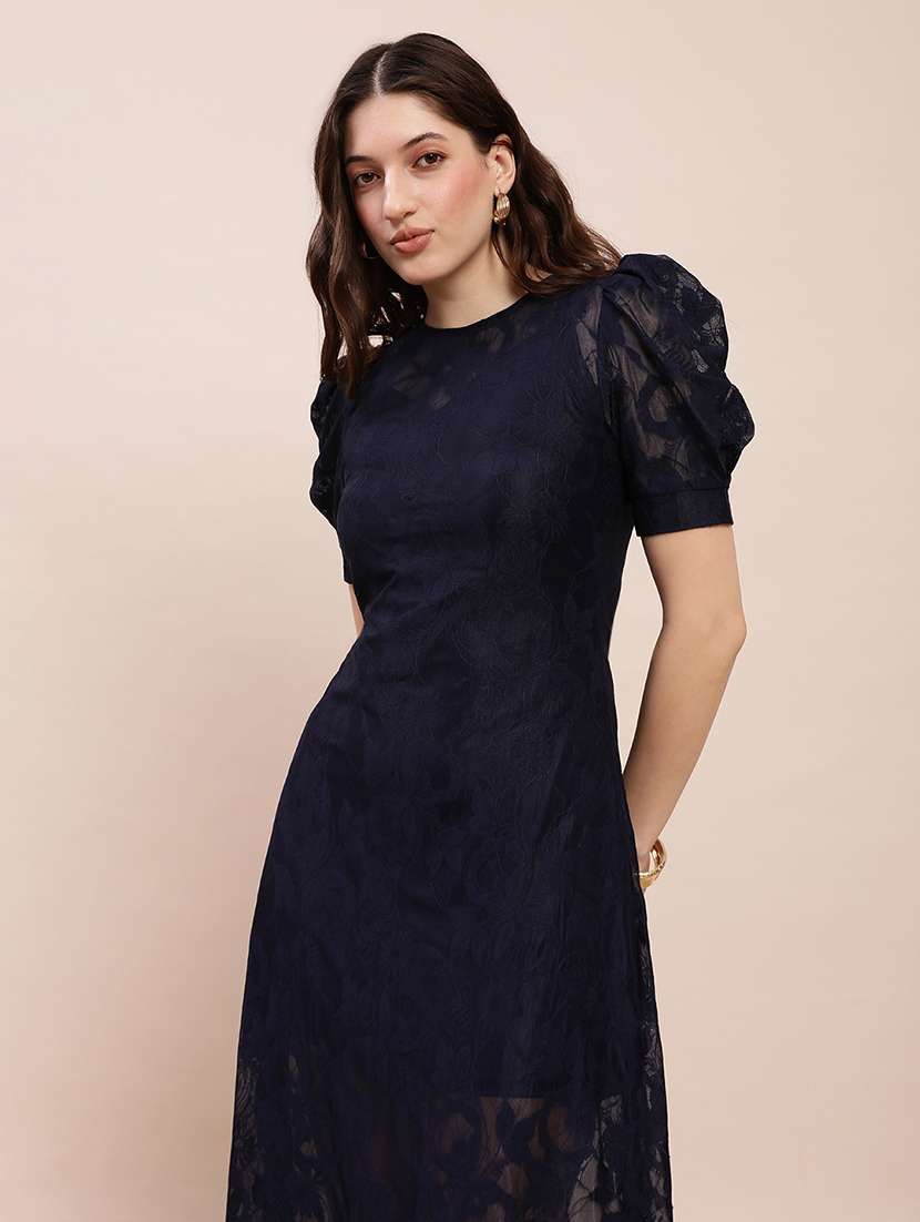 globus women navy blue round neck puff sleeves floral lace detail a-line maxi party dress - 22263511 -  Standard Image - 3