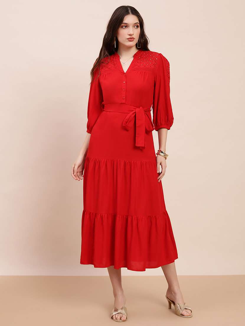 globus women red v-neck bishop sleeves solid schiffli detail tiered midi a-line party dress with belt
