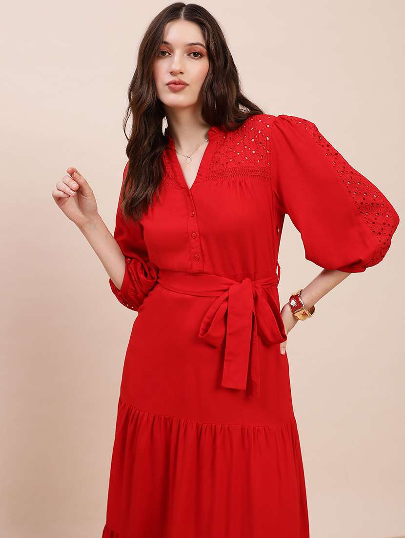globus women red v-neck bishop sleeves solid schiffli detail tiered midi a-line party dress with belt - 22263514 -  Standard Image - 3