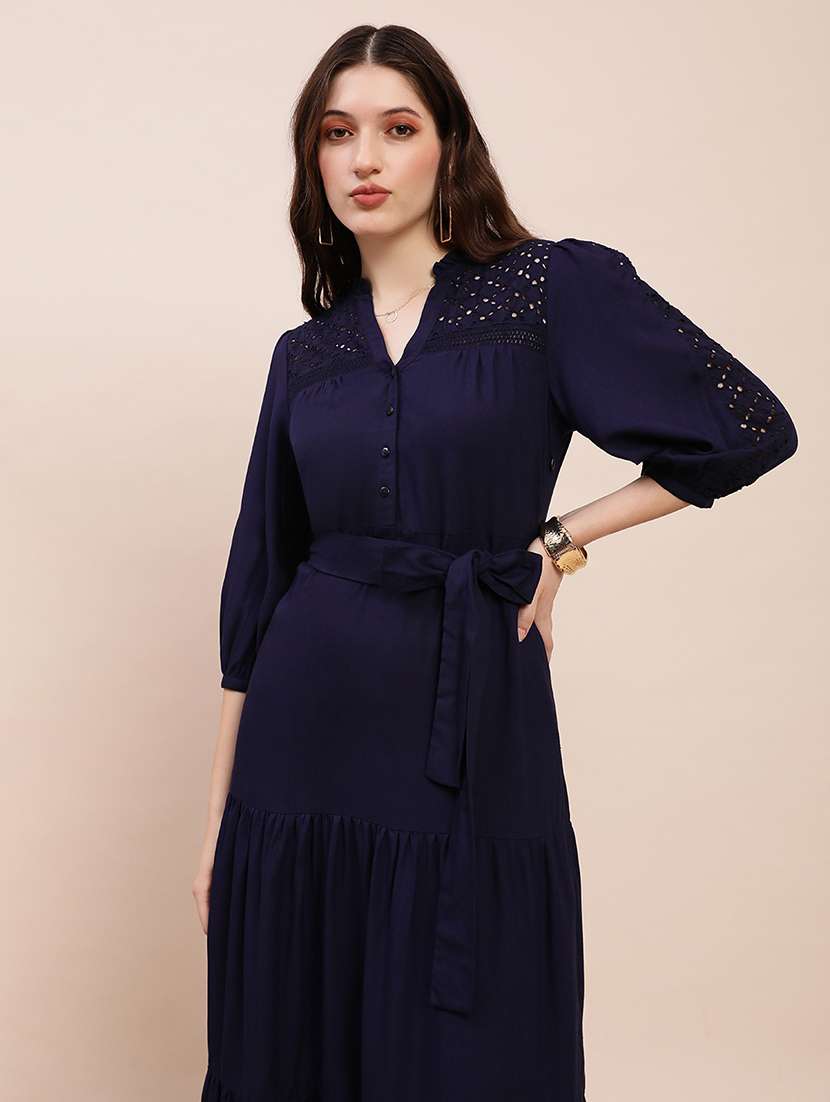 globus women blue v-neck bishop sleeves solid schiffli detail tiered midi a-line party dress with belt - 22263515 -  Standard Image - 3