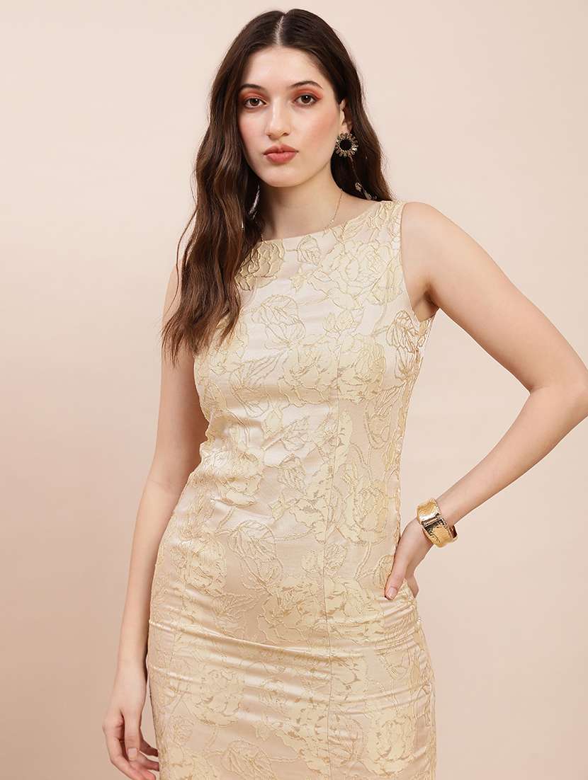 globus women gold floral self-design boat neck sleevelessmini party bodcon dress  - 22263521 -  Standard Image - 3