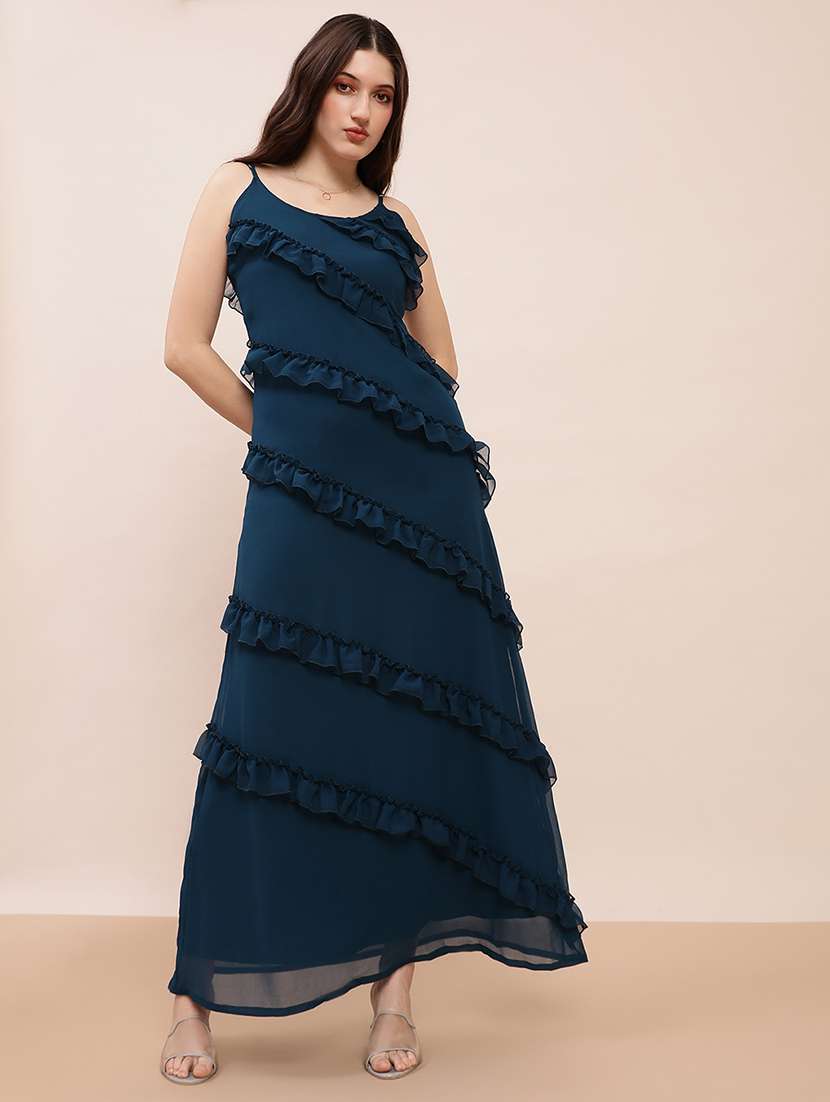globus women teal scoop neck strappy sleeves ruffle detail georgette a-line maxi party dress