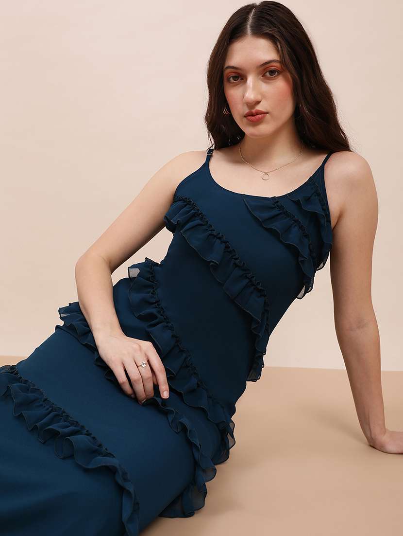 globus women teal scoop neck strappy sleeves ruffle detail georgette a-line maxi party dress - 22263523 -  Standard Image - 3