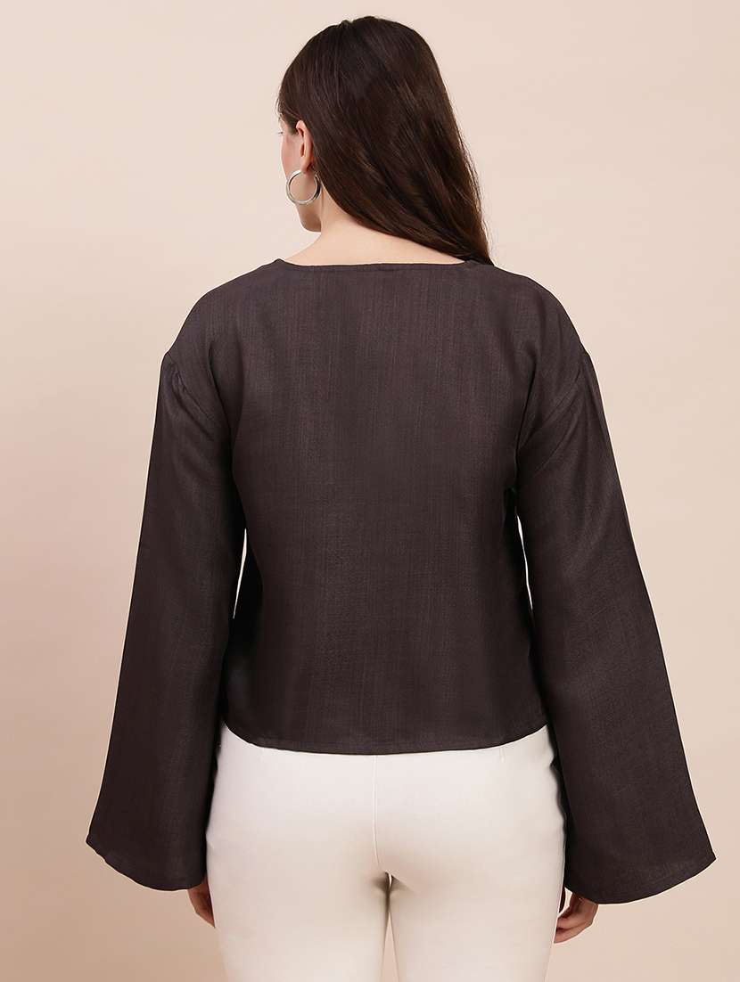 globus women grey embroidered v-neck bell sleeves top - 22263526 -  Standard Image - 3