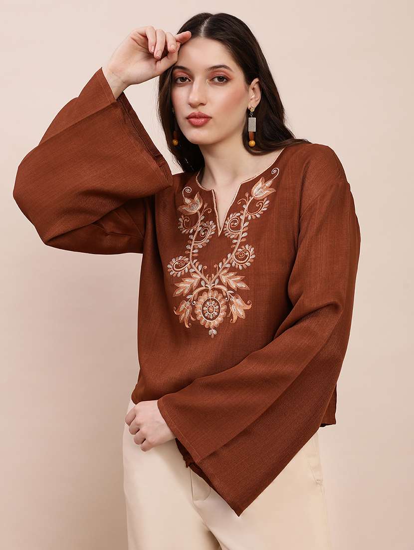globus women brown embroidered v-neck bell sleeves top