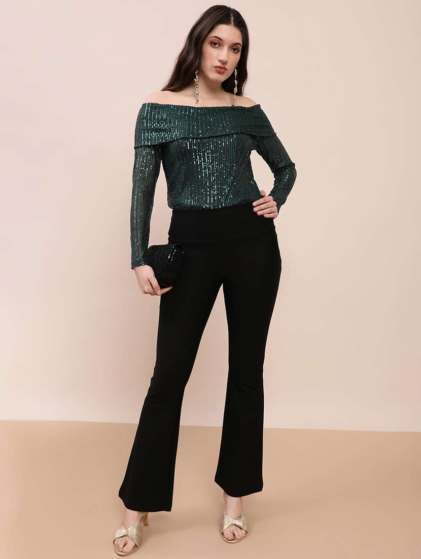 globus women green off shoulder long sleeves sequinned party top - 22263533 -  Standard Image - 3