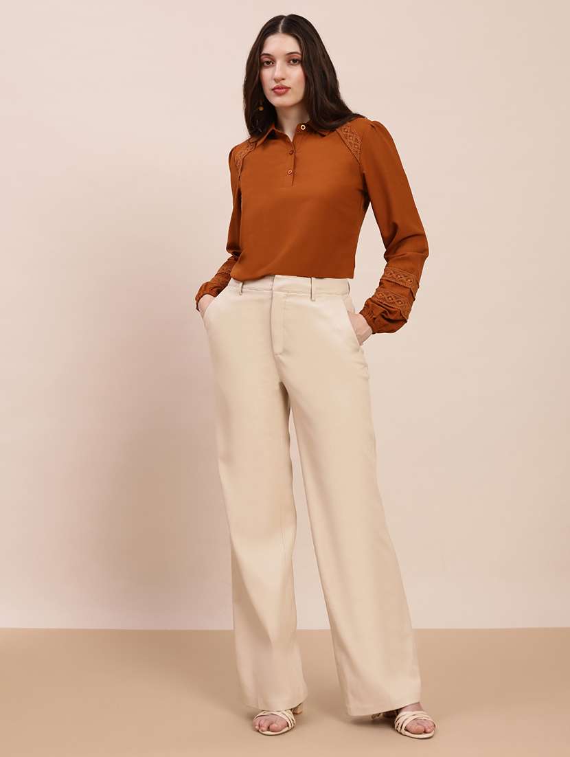 globus women brown collared neck bishop sleeves lace inserts shirt style workwear top - 22263534 -  Standard Image - 3